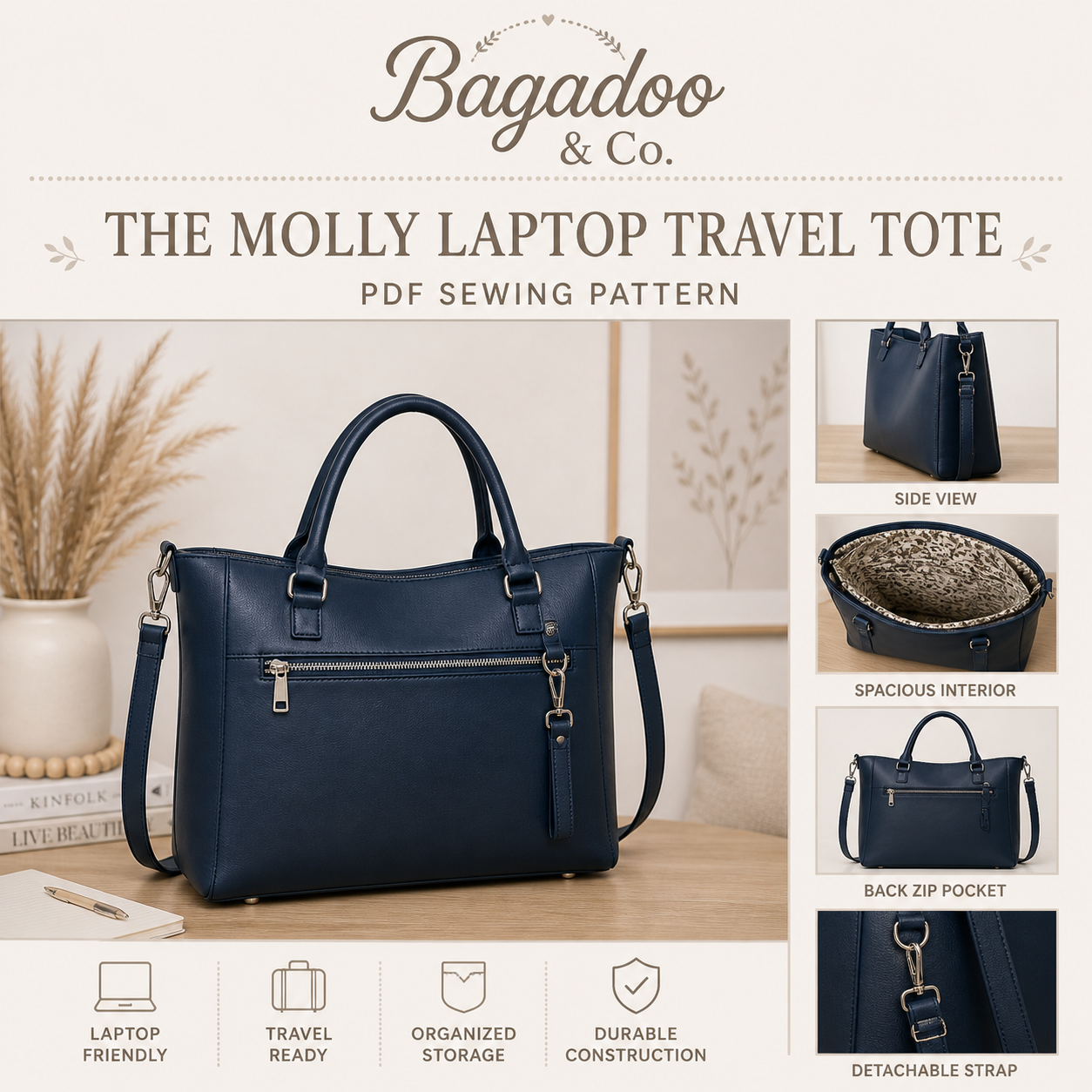 The Molly Laptop Travel Tote PDF sewing pattern cover by Bagadoo & Co.