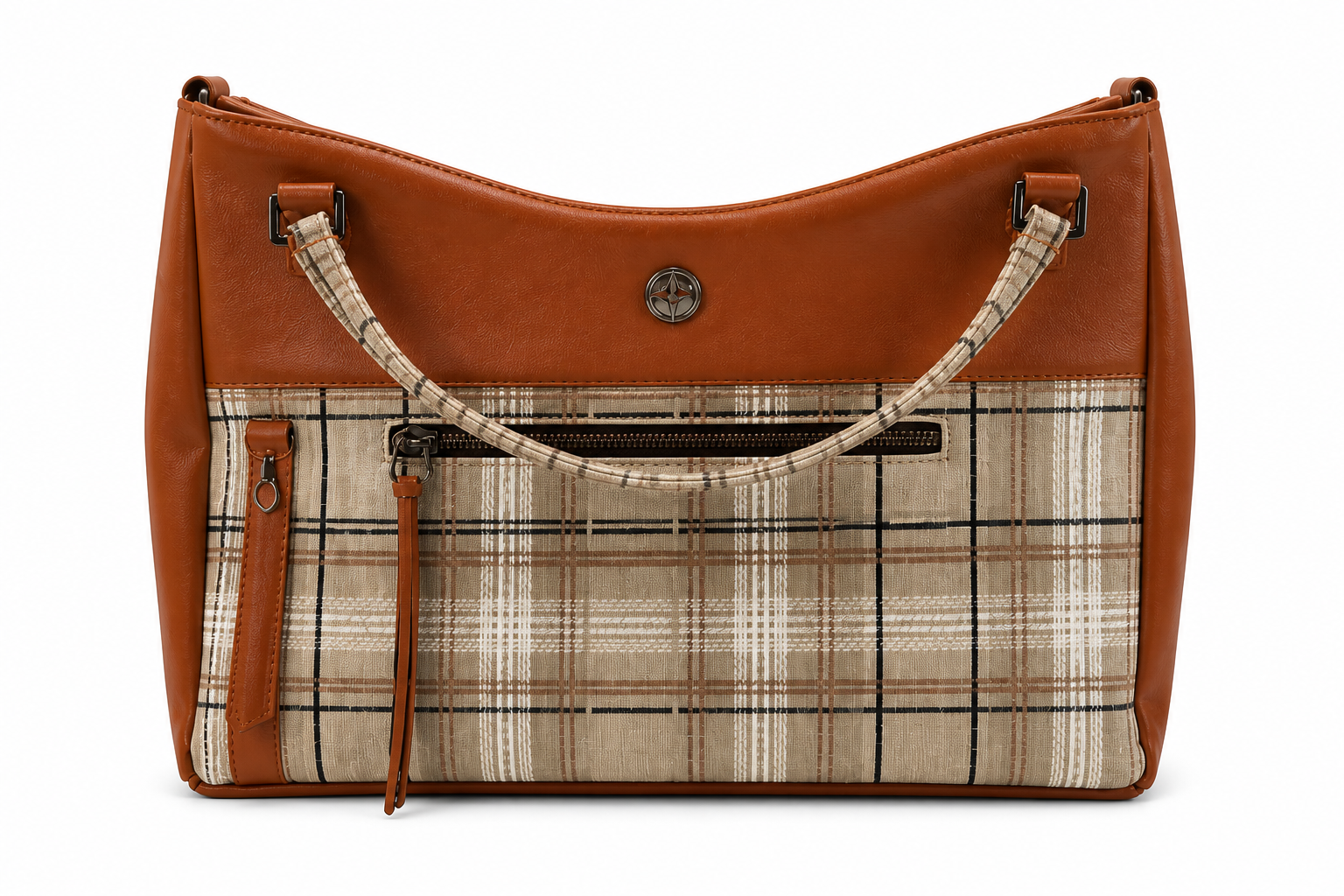 Front view of a handmade Molly tote bag in brown faux leather and neutral plaid fabric with exterior zipper pocket.