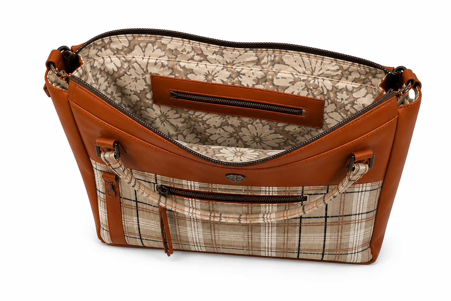 Top view of the Molly tote bag interior featuring floral lining, interior zipper pocket, and divided slip pockets.