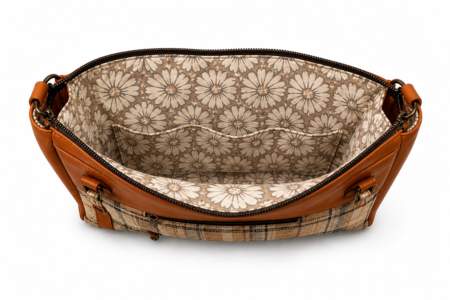 Open top view of the Molly tote handbag with floral lining and spacious divided interior pocket.