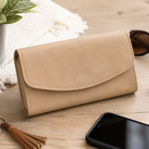 Neutral beige Necessary Clutch Wallet styled on a wooden tabletop with sunglasses, keys, and everyday accessories.