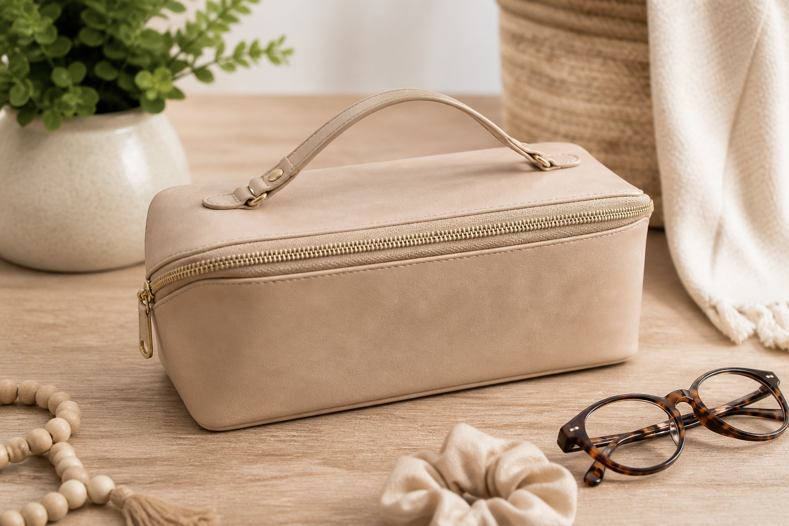 Neutral faux leather Zip N Grip cosmetic bag styled on a vanity with makeup brushes and beauty essentials.