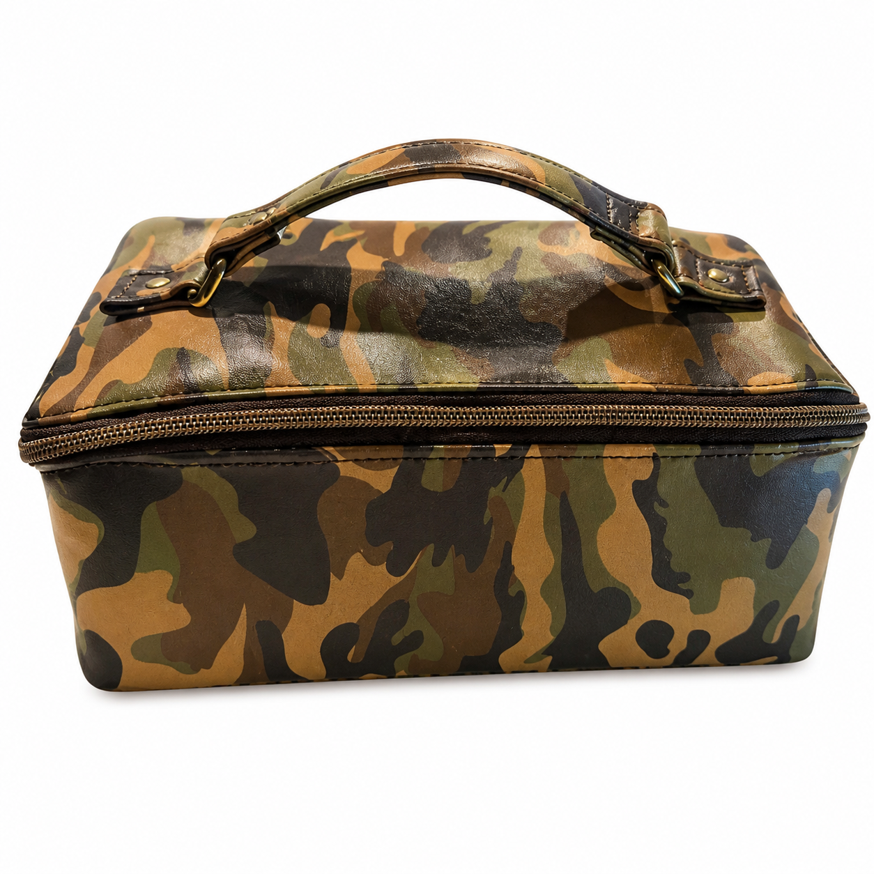 Camo print Zip N Grip cosmetic bag with structured shape and top carry handle on a white background.