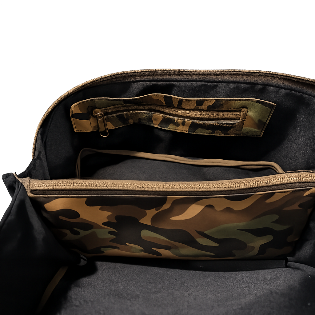 Interior of camo Zip N Grip bag featuring divided compartments and a zippered center pocket.