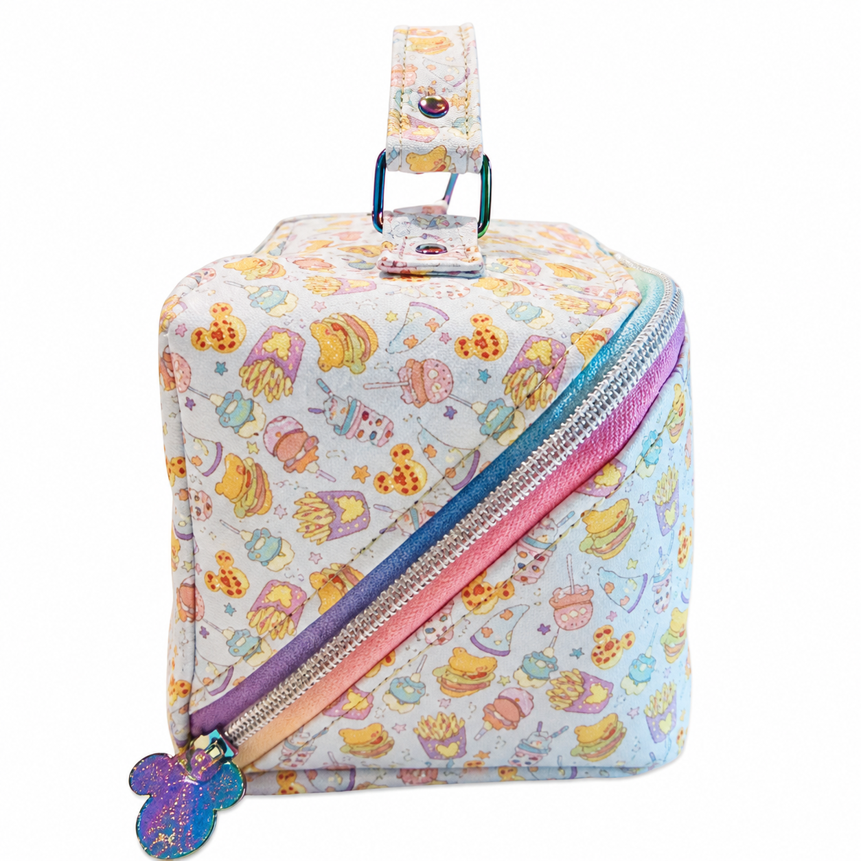 Pastel kawaii-style Zip N Grip bag with rainbow zipper and iridescent hardware on a white background.