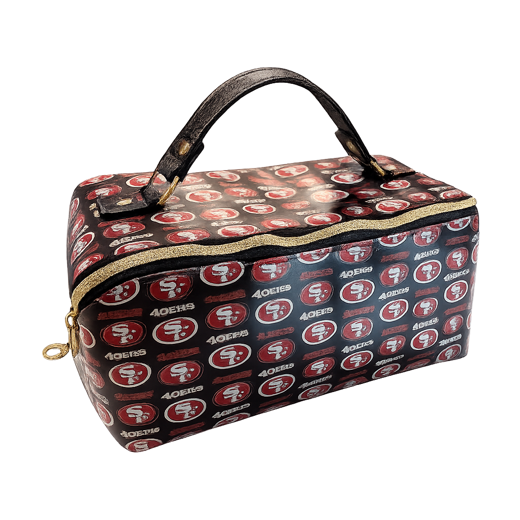 San Francisco 49ers themed Zip N Grip cosmetic bag with black faux leather handle and gold zipper.