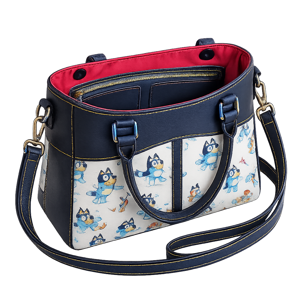 Open top view of Regan handbag showing bright pink lining, zippered pocket, and organized interior compartments.