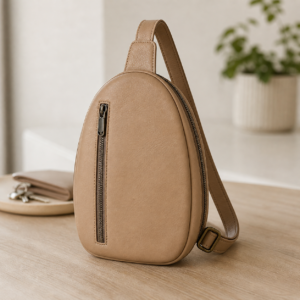 Neutral faux leather sling mini backpack with vertical zipper pocket in a minimalist lifestyle setting.