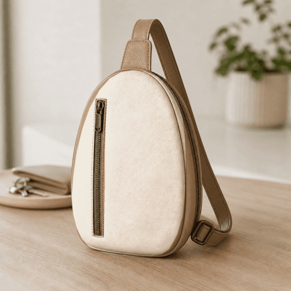 Neutral faux leather sling mini backpack with vertical zipper pocket in a minimalist lifestyle setting.