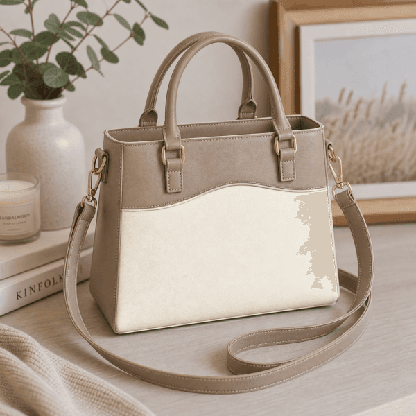 Neutral faux leather handbag styled in a warm modern lifestyle setting with gold hardware and structured silhouette.