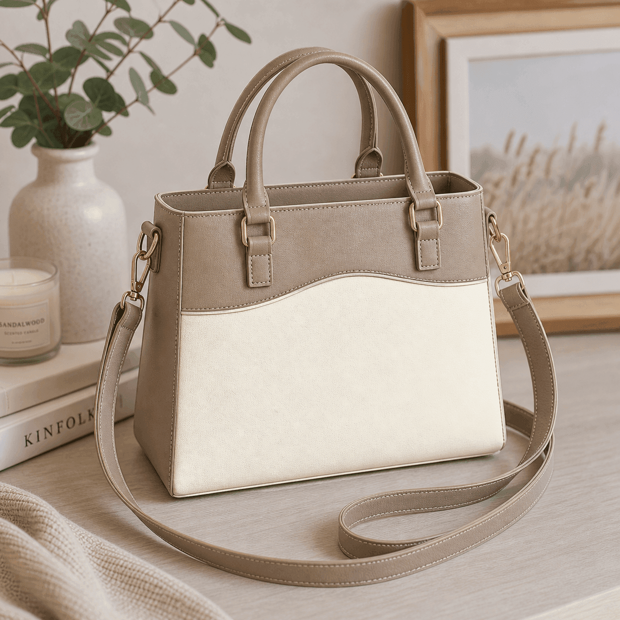 Neutral faux leather handbag styled in a warm modern lifestyle setting with gold hardware and structured silhouette.