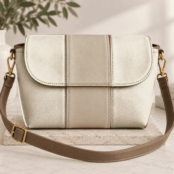 Custom two-tone handbag in taupe and cream with center contrast stripe, adjustable strap and gold hardware