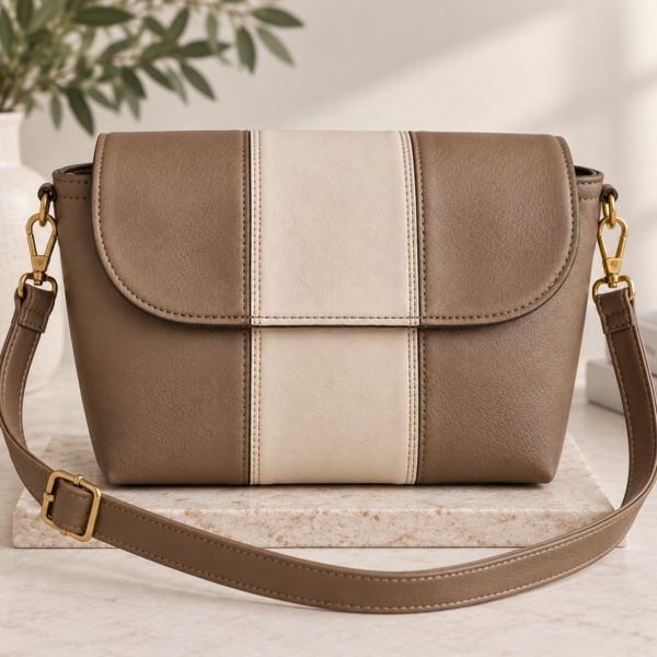 Custom two-tone handbag in taupe and cream with center contrast stripe, adjustable strap and gold hardware