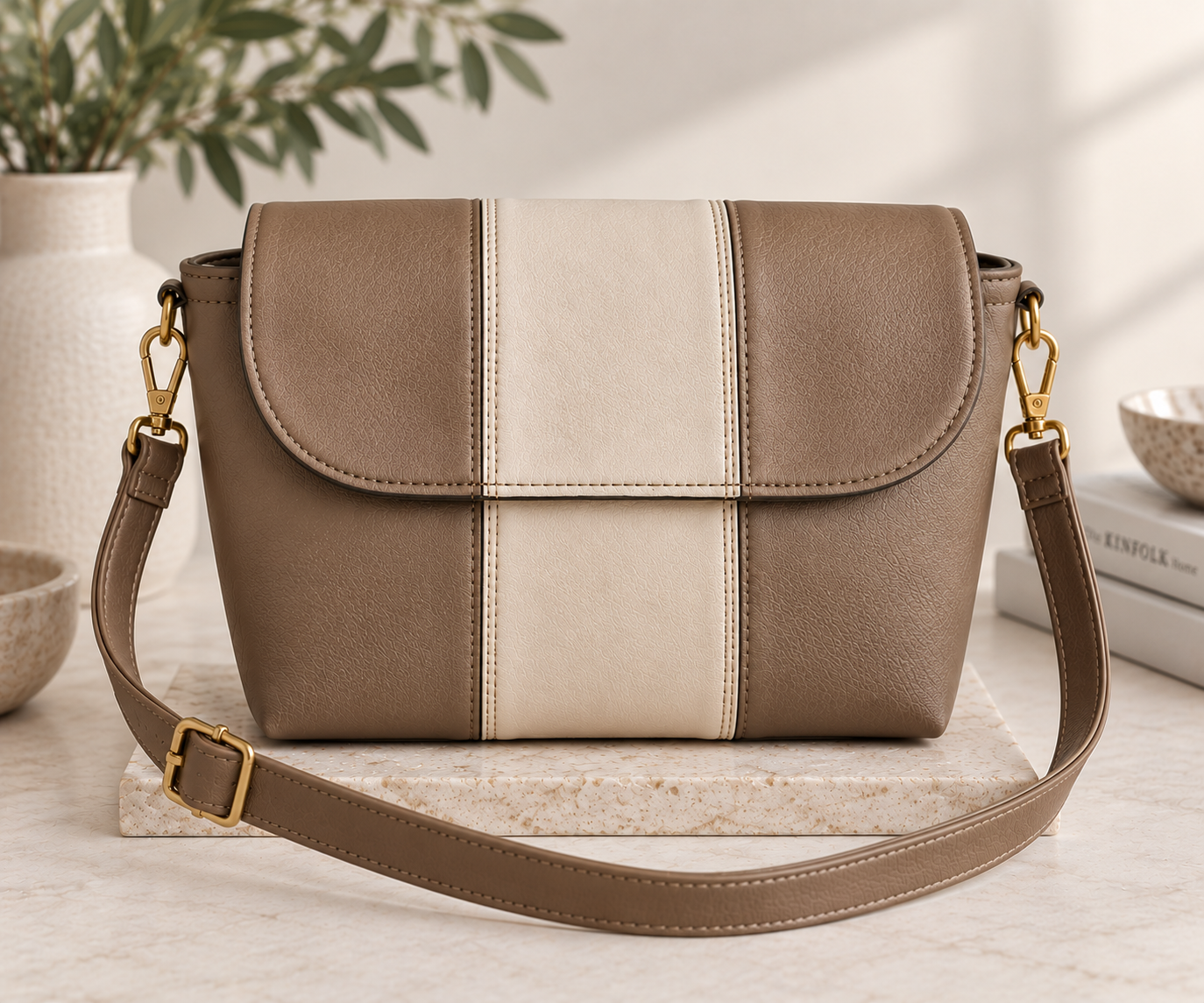 Custom two-tone handbag in taupe and cream with center contrast stripe, adjustable strap and gold hardware