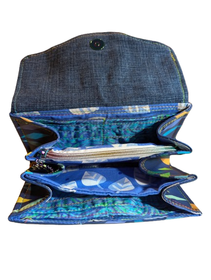 Accordion wallet interior with divided compartments and blue zipper storage pocket.