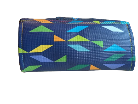 Back exterior view of geometric print accordion wallet.