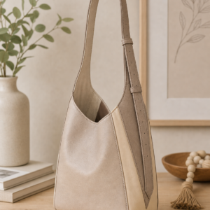 Neutral Adena shoulder bag in soft beige faux leather styled in a minimalist modern interior.