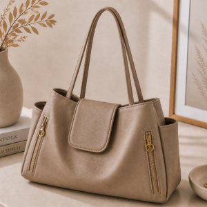 Neutral faux leather hobo handbag with gold zipper accents in a minimalist lifestyle setting.