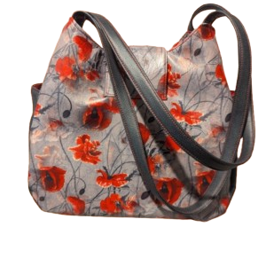 Back view of floral hobo handbag with long shoulder straps.