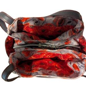 Top-down interior view of hobo handbag with zippered center compartment.
