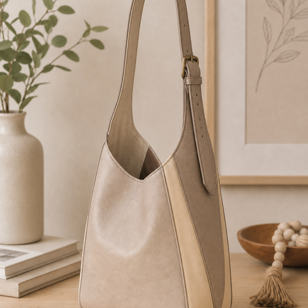 Handmade neutral shoulder handbag with an adjustable strap in cream and taupe faux leather displayed in a modern home setting.