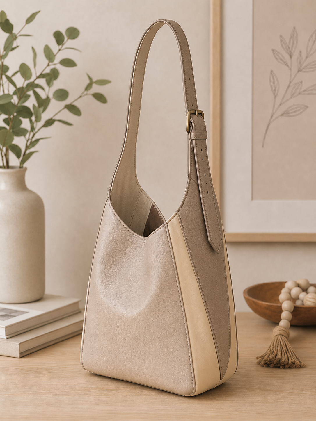 Handmade neutral shoulder handbag with an adjustable strap in cream and taupe faux leather displayed in a modern home setting.
