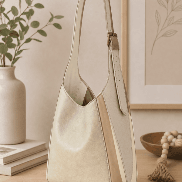 Handmade neutral shoulder handbag with an adjustable strap in cream, taupe, and camel faux leather displayed in a modern home setting.