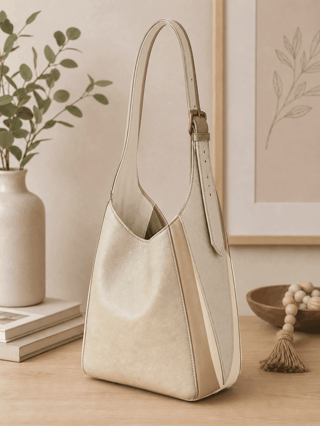 Handmade neutral shoulder handbag with an adjustable strap in cream, taupe, and camel faux leather displayed in a modern home setting.