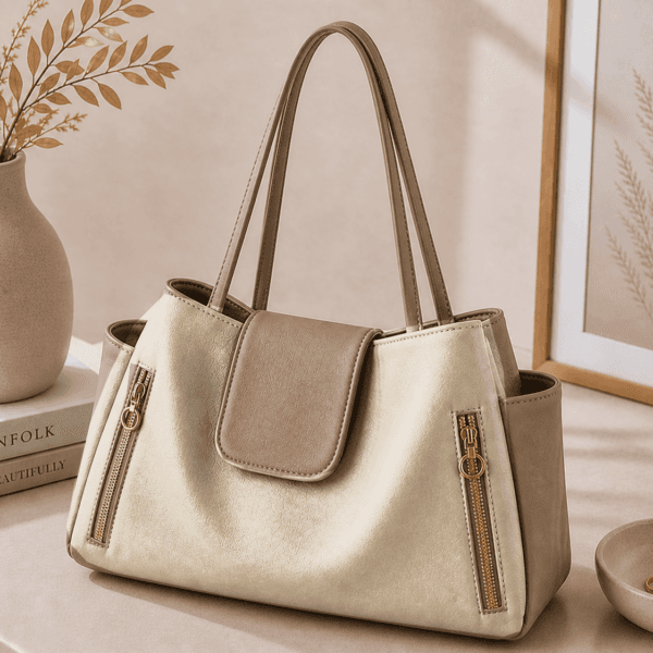 Neutral faux leather hobo handbag with gold zipper accents in a minimalist lifestyle setting.