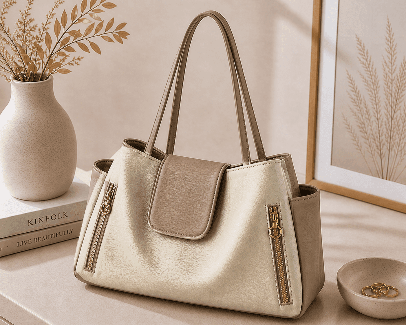 Neutral faux leather hobo handbag with gold zipper accents in a minimalist lifestyle setting.