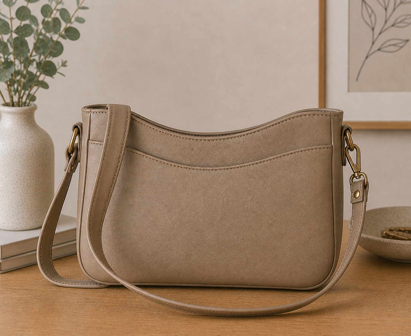 Neutral faux leather Kiana crossbody bag with curved top edge and minimalist everyday styling.