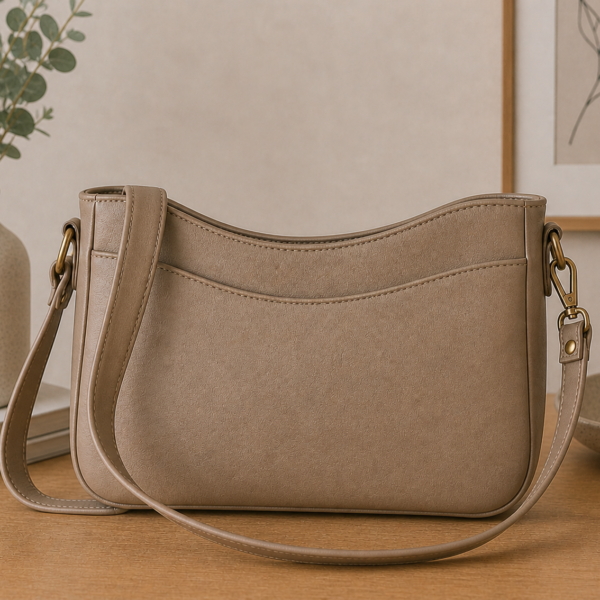 Neutral faux leather crossbody bag with curved top edge and minimalist everyday styling.