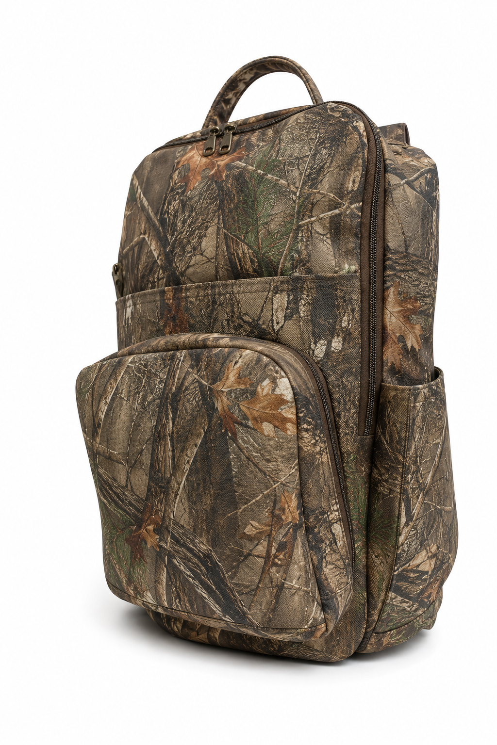 Front angled view of a handmade RealTree camouflage Cordura backpack featuring multiple storage pockets, side pockets, and a large front zipper compartment.