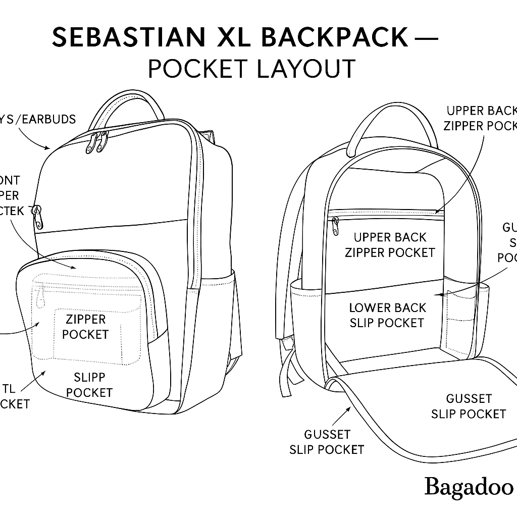 Sebastian XL backpack pocket layout guide