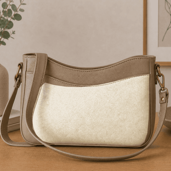 Neutral faux leather crossbody bag with curved top edge and minimalist everyday styling.