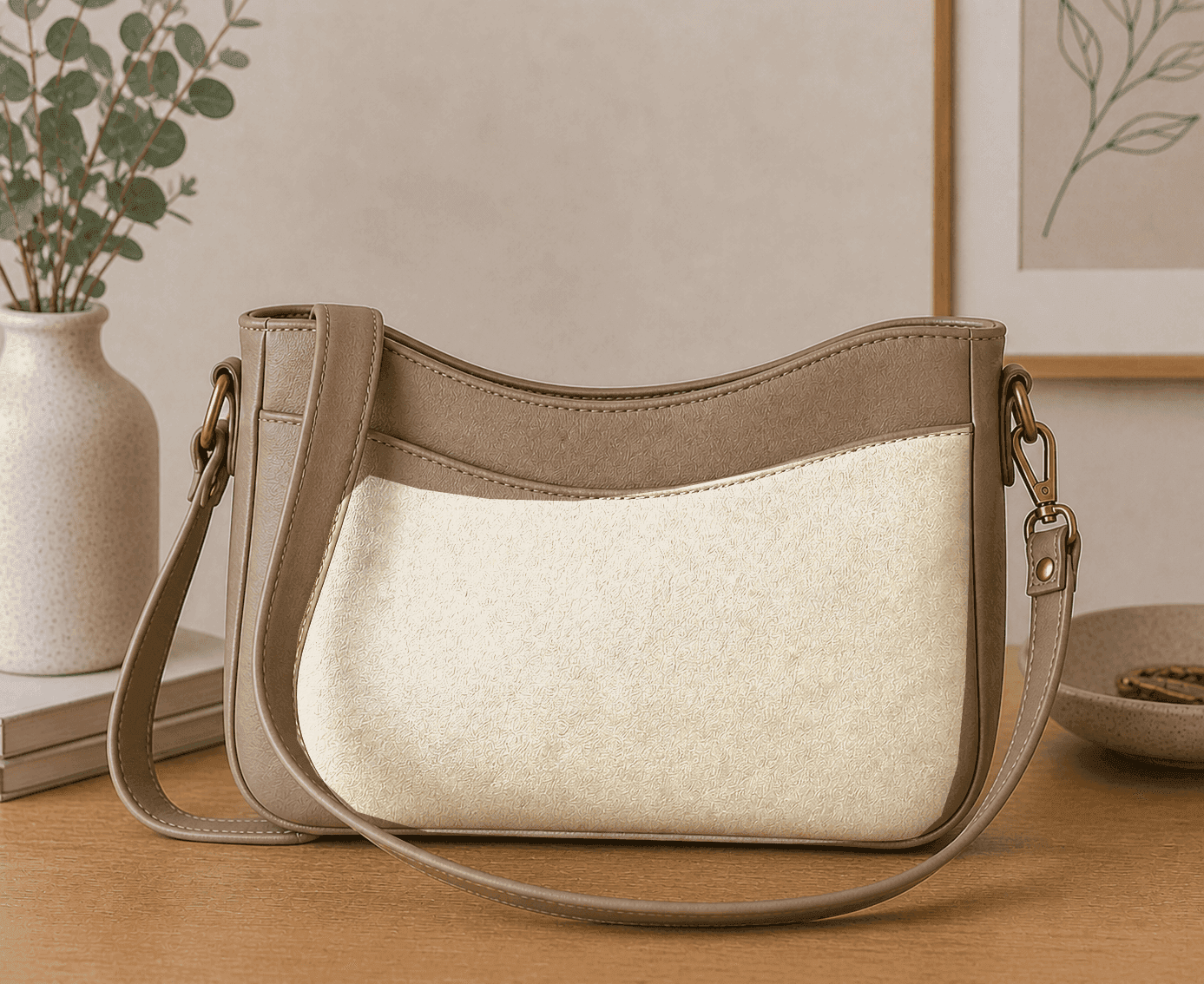 Neutral faux leather crossbody bag with curved top edge and minimalist everyday styling.