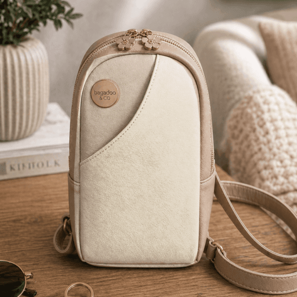Made to order sling bag crossbody purse shown in soft cream and mushroom taupe