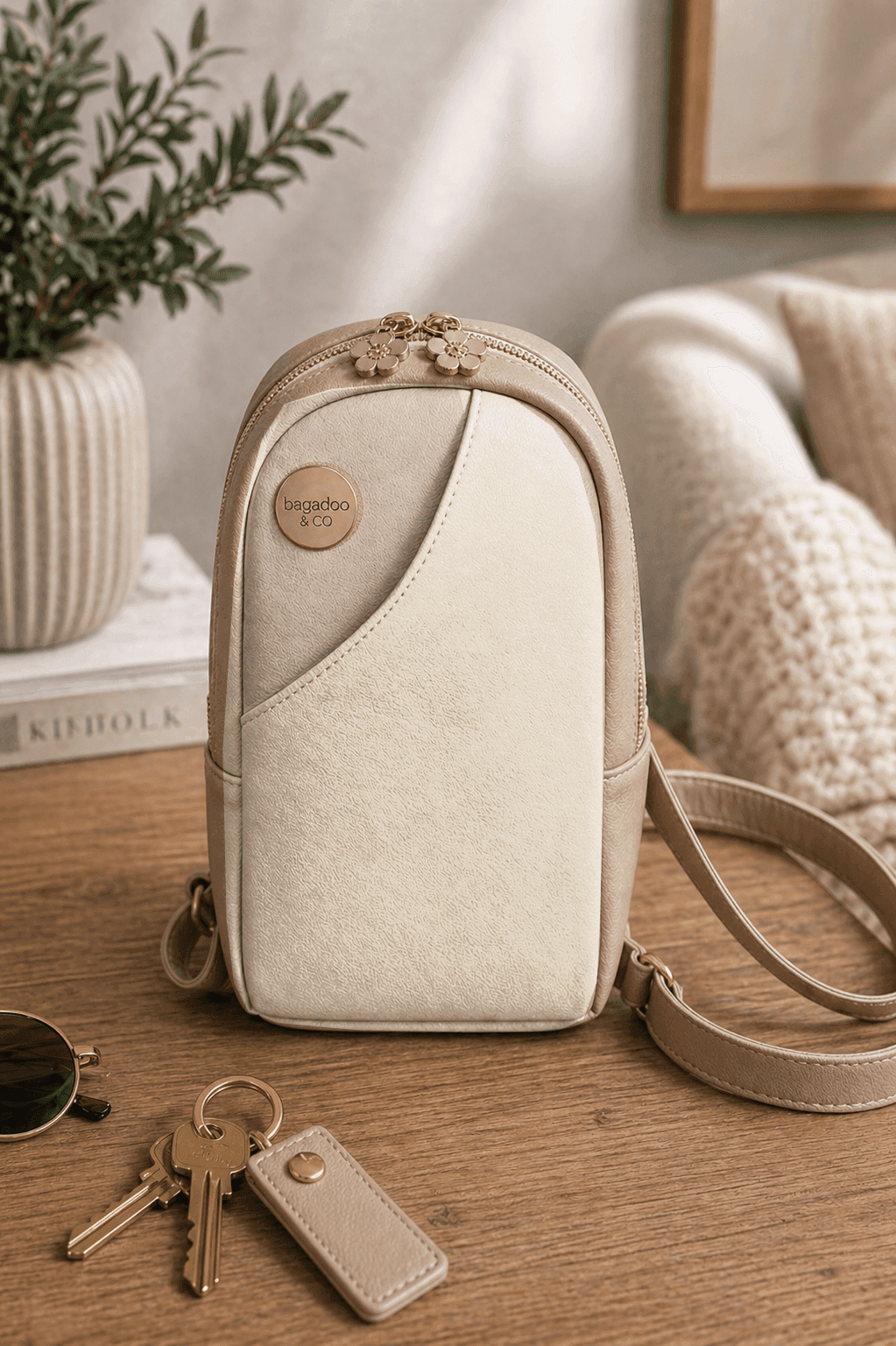 Made to order sling bag crossbody purse shown in soft cream and mushroom taupe