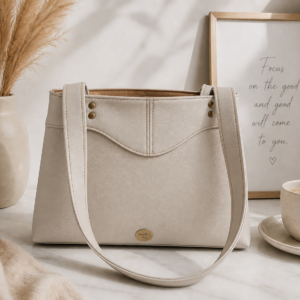 Neutral cream Sweetheart handbag styled in a warm minimalist lifestyle setting