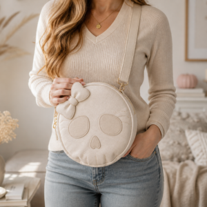 Neutral cream skull crossbody bag styled in a cozy minimalist lifestyle setting