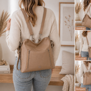 Scottie convertible handbag shown as handbag, crossbody, and backpack in neutral lifestyle collage