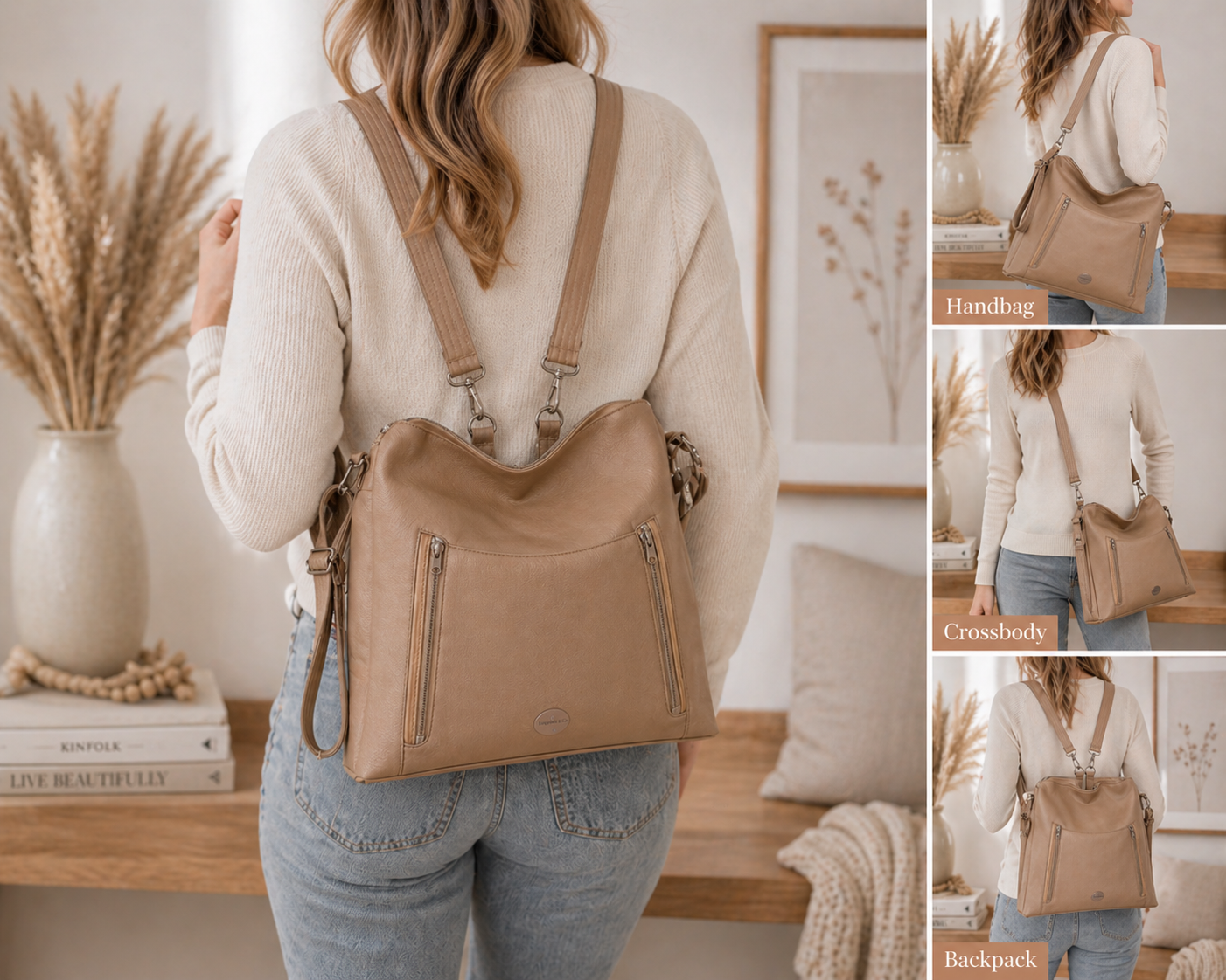 Scottie convertible handbag shown as handbag, crossbody, and backpack in neutral lifestyle collage