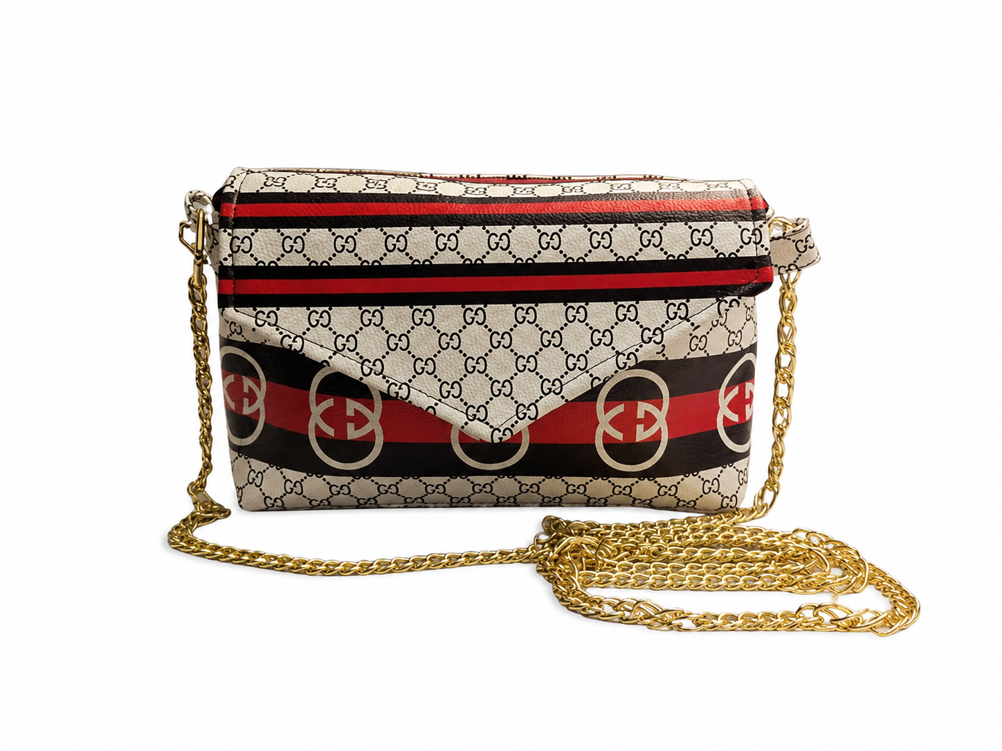 A handmade envelope crossbody purse showing the gusset depth, gold hardware, and adjustable shoulder strap.