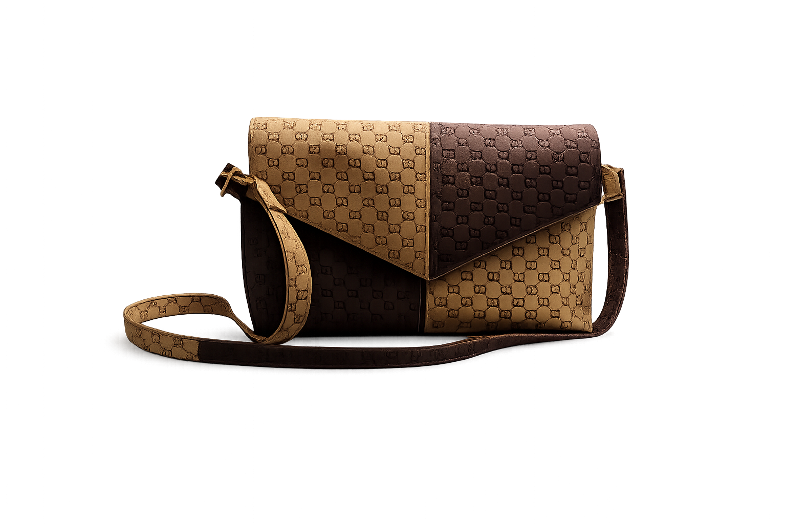 Front view of a handmade designer inspired envelope crossbody purse with beige and brown faux leather, gold chain strap, and magnetic flap closure.