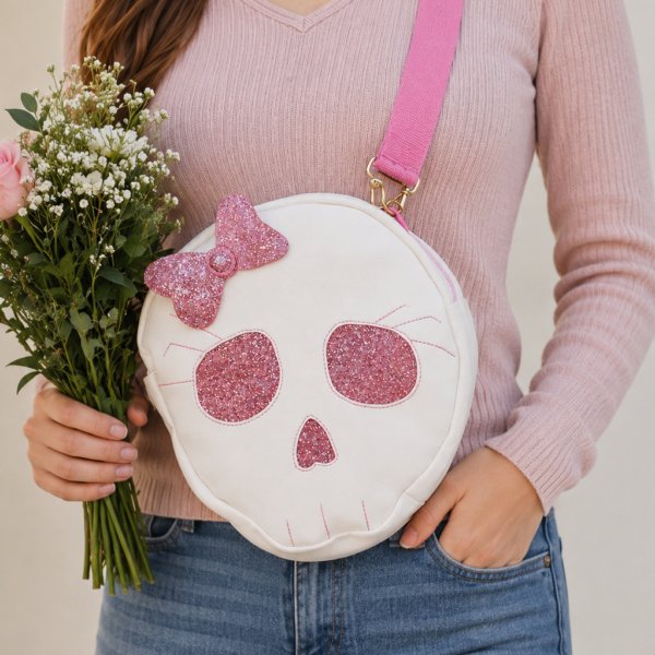 Model wearing a handmade pink skull crossbody bag with an adjustable pink shoulder strap.