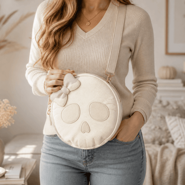 Neutral cream skull crossbody bag styled in a cozy minimalist lifestyle setting