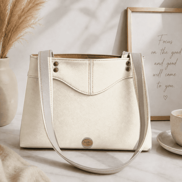 Neutral cream Sweetheart handbag styled in a warm minimalist lifestyle setting