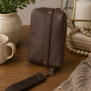custom zip around wallet dark brown leather clutch lifestyle view
