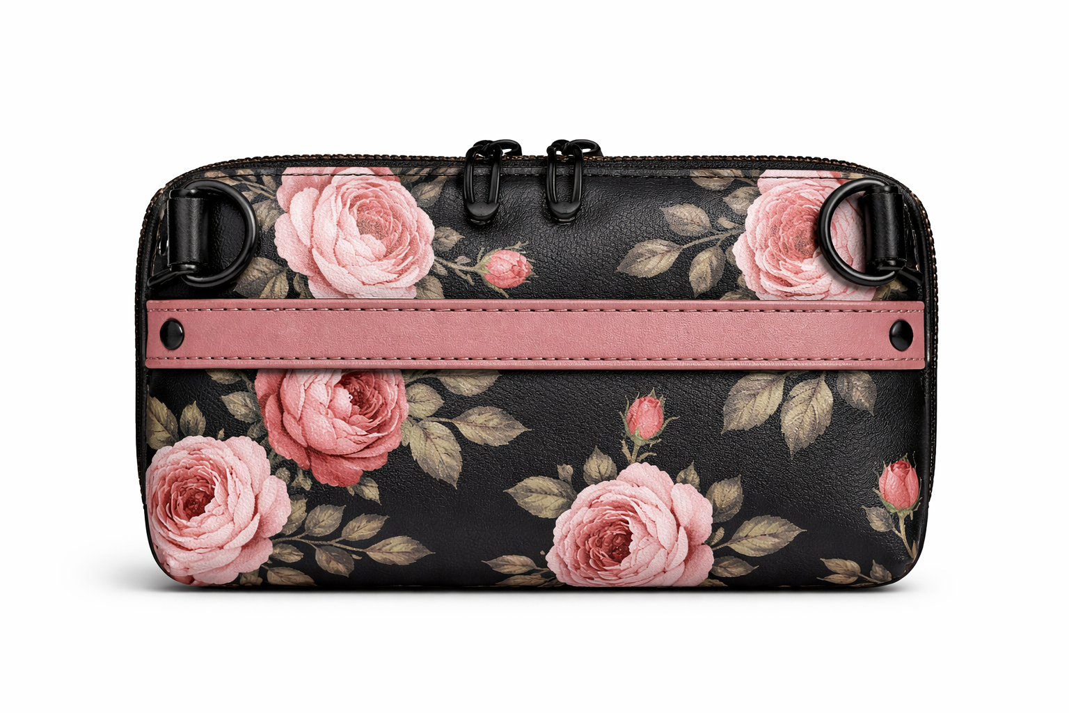 Front view of a handmade floral zip around wallet clutch featuring black faux leather with pink vintage roses, blush pink accent strap, and black hardware.