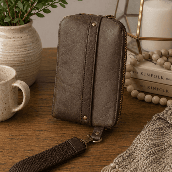custom zip around wallet in warm walnut brown with wristlet